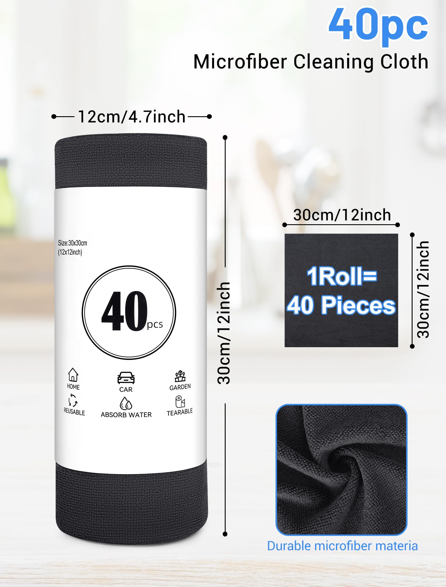 Microfiber Cloth Rolls 40 Units, 30x30cm Reusable Microfiber Cloths, Microfiber Cloth Rolls for Home and Kitchen Cleaning, Removable Cloths, Grey — view 3