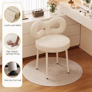 Vanity Stool with Bowknot Backrest, Modern Dressing Table Stools Vanity Table Chair, Bedroom Makeup Stool with Adjustable Foot Pads, Dressing Chair Side Table Seat for Women Girls White