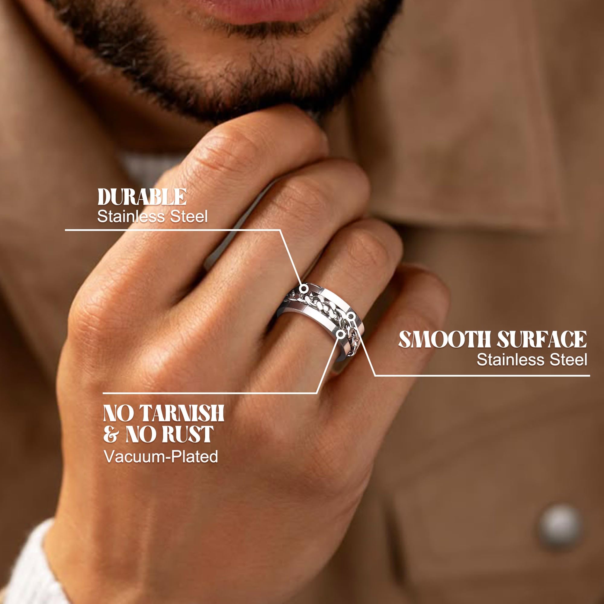 FASACCO 12Pcs Fidget Anxiety Rings for Women Men - Spinner Fidget Rings for Anxiety Relieving Stress Flower Moon Star Stainless Steel Rings Adjustable Size 7