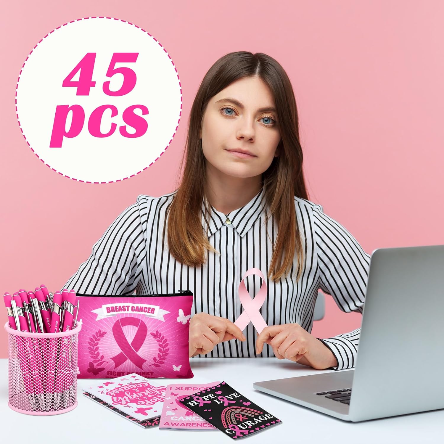 Qeeenar 48 Pcs Breast Cancer Awareness Accessories Include 12 Breast Cancer Inspirational Notepads 12 Pink Ribbon Pens 12 Makeup Bags 12 Pink Ribbon Bracelets Gifts for Women
