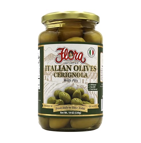 Flora Foods Aceitunas italianas Cerignola con hoyos | Aceitunas Cerignola | 19 oz (530g) | 100% italianas | Todo natural | Sin OMG | Cosecha fresca
