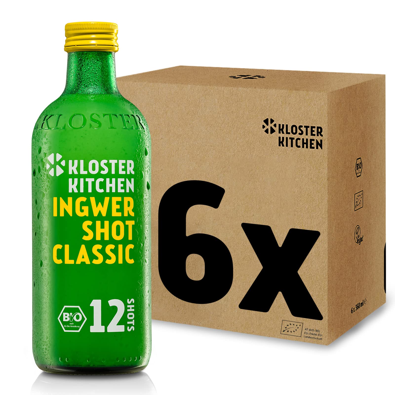 Kloster Kitchen Organic Ginger Shot Classic 12SHOTS 6 x 360 ml con auténticos trozos de jengibre I Ginger shot vegano I 12 chupitos por botella de cristal I (incl. 1,50€ de fianza única)
