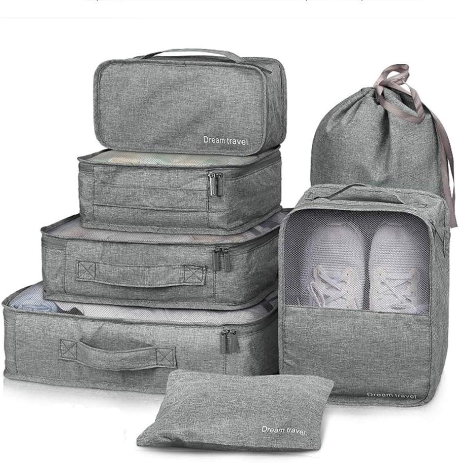 Bansga Packing Cubes 7 Sets -3 Packing Cubes + 2 Pouches+ 1 Underwear Pouch + 1 Shoes Bag (Grey)
