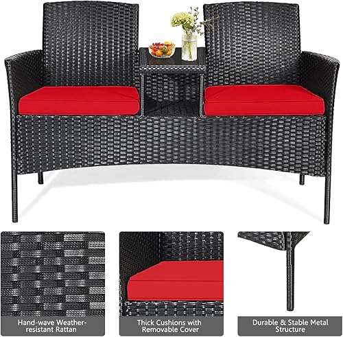 Miniatura 4 de LDAILY Juego de conversación para patio, sofá biplaza de ratán moderno, juego de muebles para exteriores con cojines y mesa extraíbles, juego de