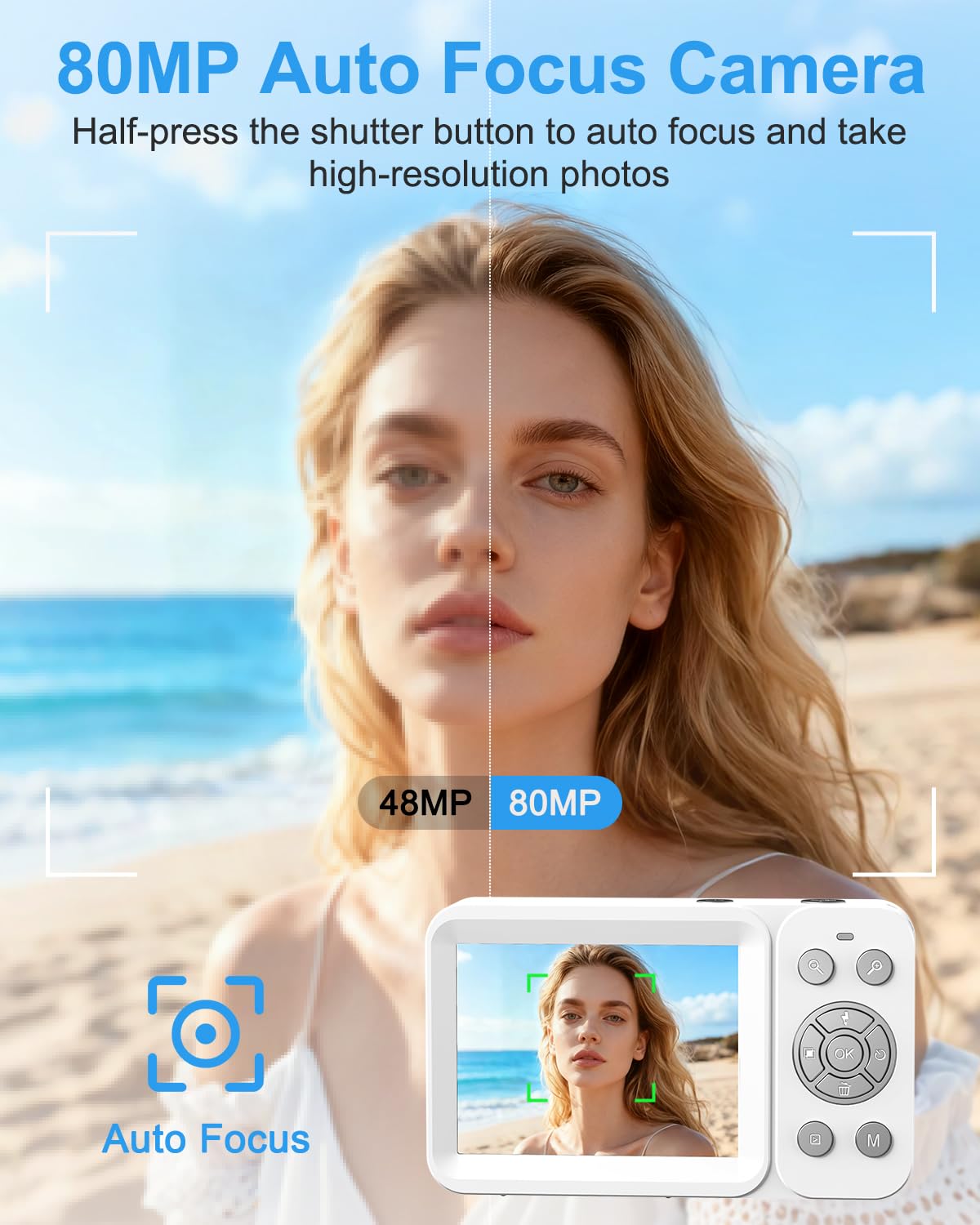 Digital Camera, 5K Vlogging Camera for Photography, 80MP Dual Screen Point and Shoot Digital Camera with Auto Focus, 18X Zoom, Flash, 2 Batteries, 32GB Card for Teens and Adults (White)