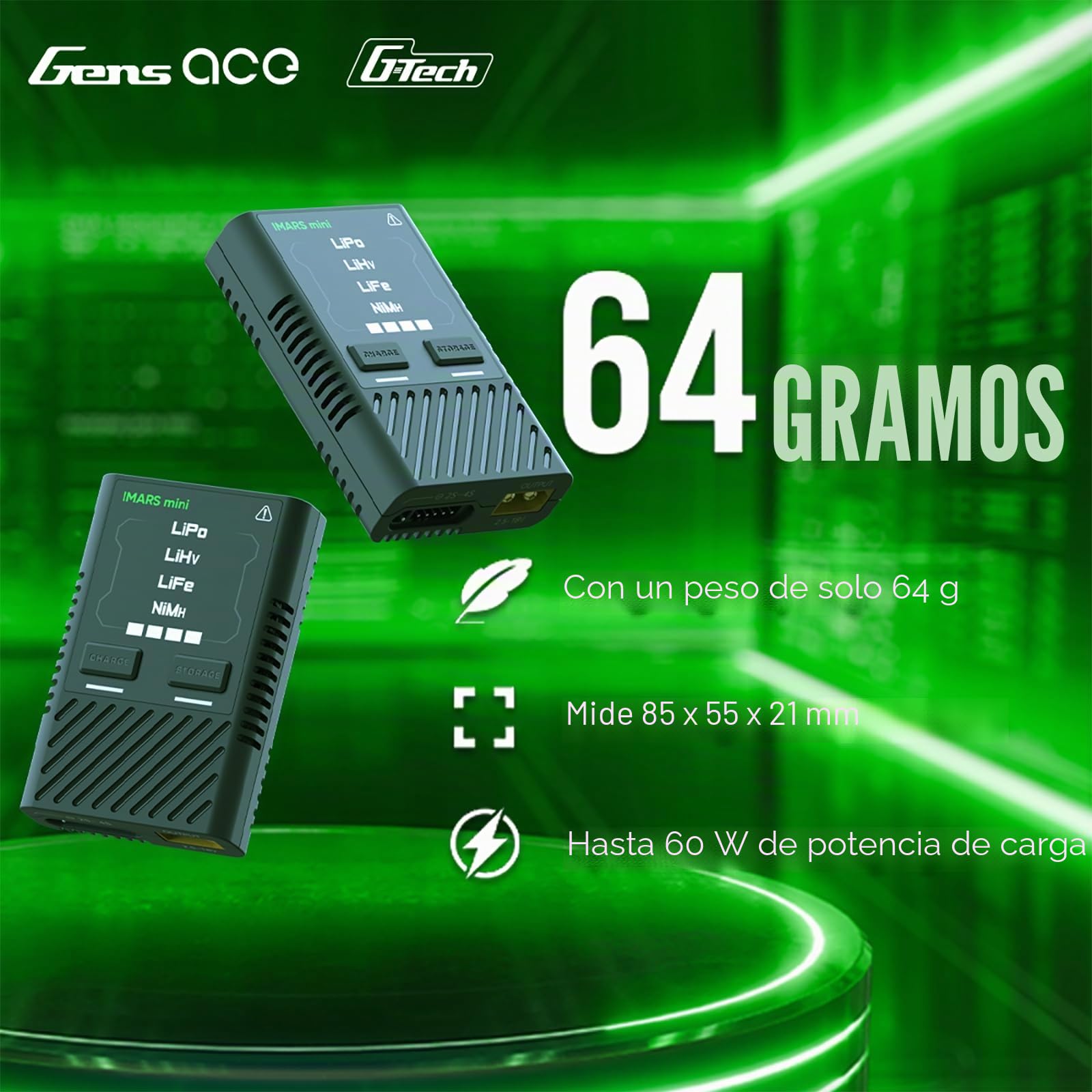 Gens ace IMARS Mini Cargador Inteligente RC LiPo 2-4S 60W USB-C – SIN Adaptador de Corriente | Cargador Portátil para Baterías RC