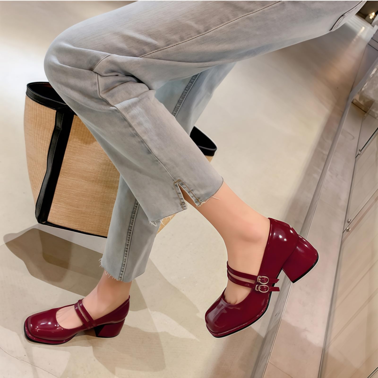 Plateforme en Cuir breveté pour Femmes Mary Janes Robe Pompes Gothique Chaussures à Talons Gros Bas Douce Lolita fermée Orteil Cheville Bracelet réglable
