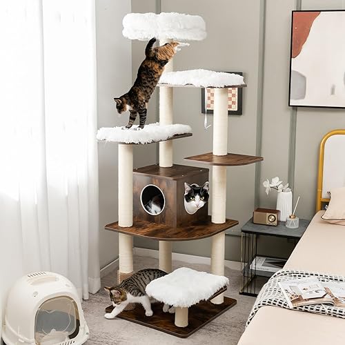Tangkula Árbol alto para gatos, torre para gatos de 71 pulgadas con plataforma multicapa, árbol de madera moderna para gatos con postes rascadores