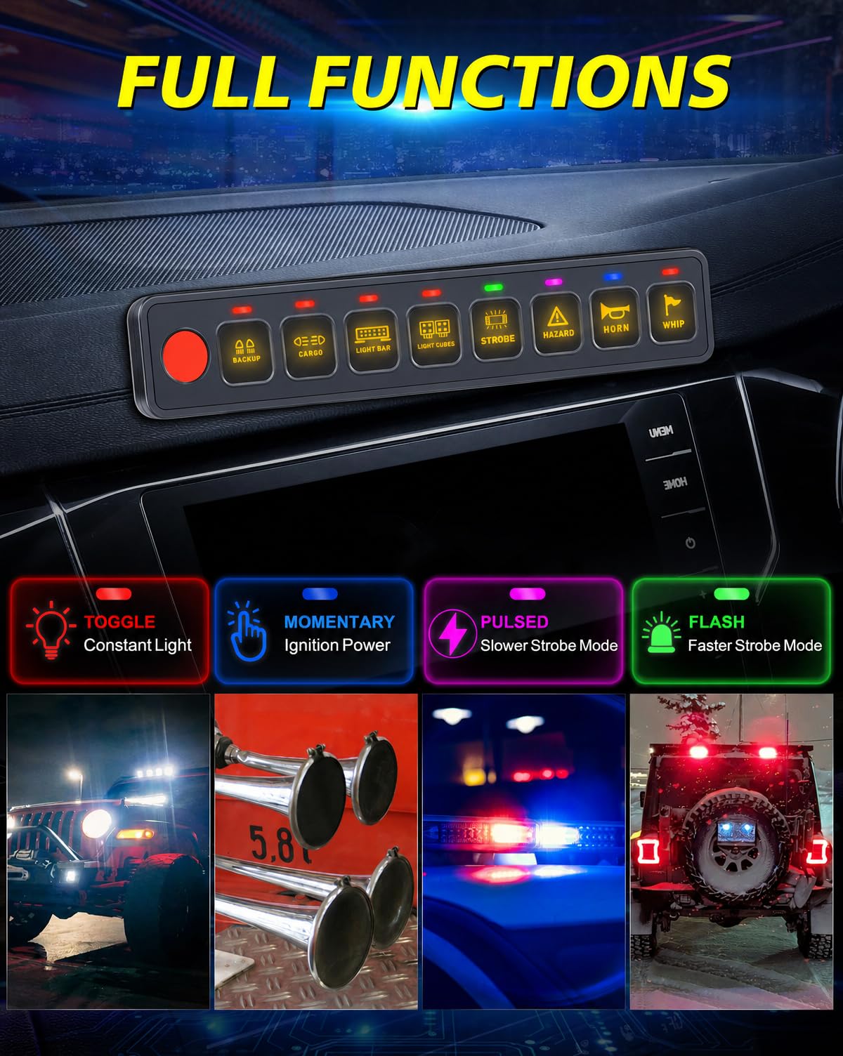 Panneau de commutation à 8 interrupteurs AKD Part - Boîtier de commande de circuit universel - Faisceau de câblage - Panneau tactile - 8 boutons marche/arrêt pour camions, pickup, SUV, UTV, bateau