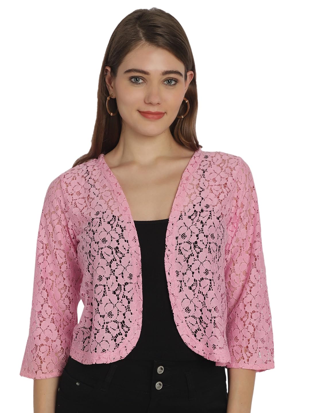 dressitude Women Front Open Self Designed 3/4th Sleeves Lace Shrug-picture-15