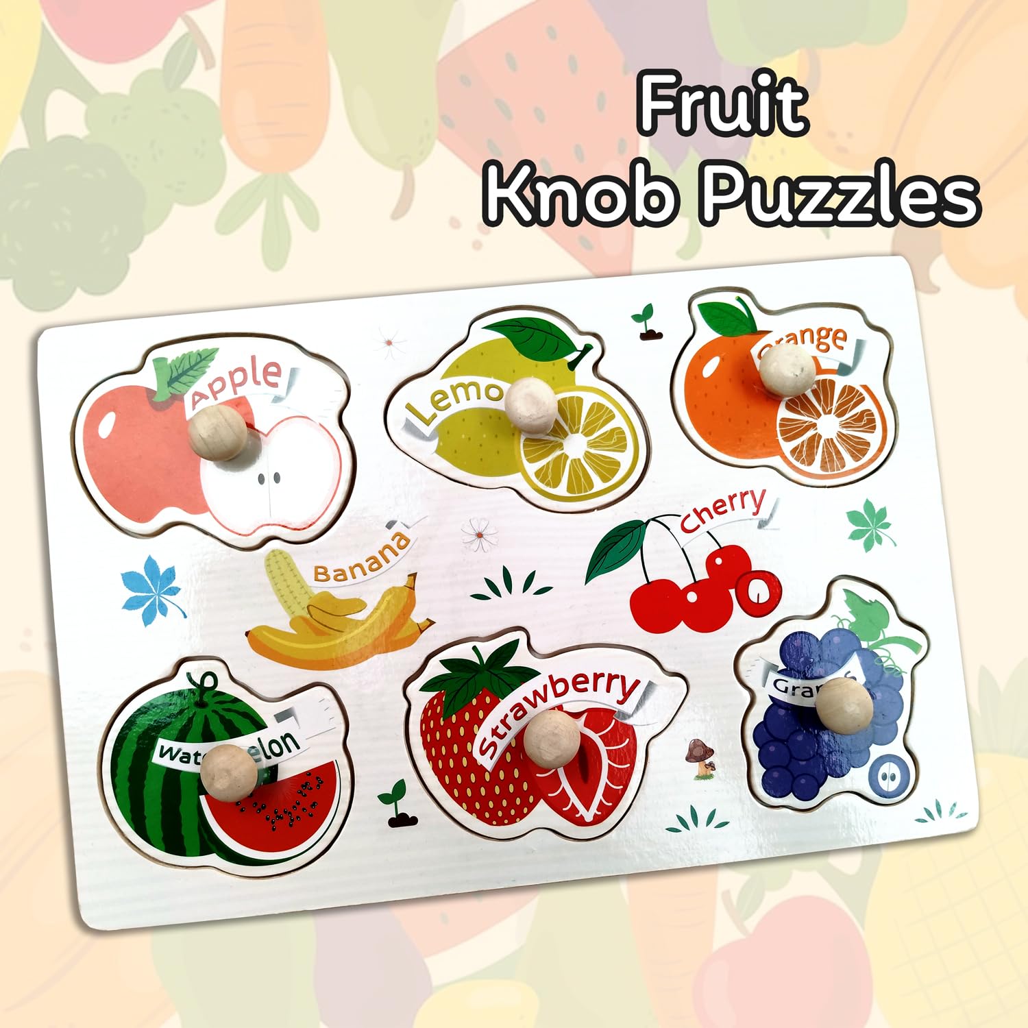 WUDLY Wooden Fruit Peg Puzzle Board with Knobs for Kids 2+ Years, Montessori Educational Toy for Toddlers & Preschoolers, Early Learning Colour & Fruit Recognition & Skills Development Puzzle