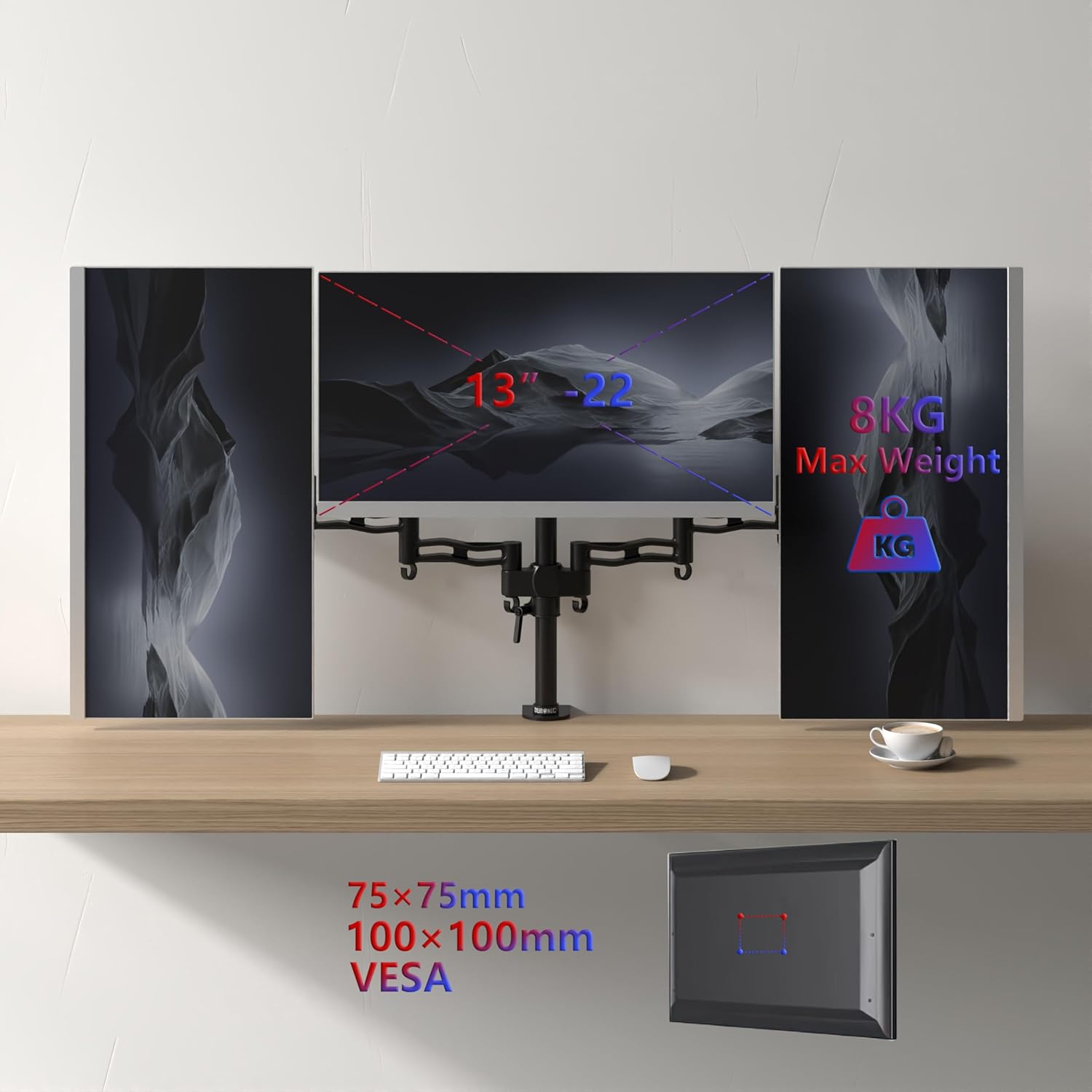 Duronic DM353 Arm for 3 Computer Monitors | Triple Articulated PC Monitor Stand for Desktop | VESA 75 100 | Adjustable Height | Swivel Tilt Swivel | Universal Compatibility