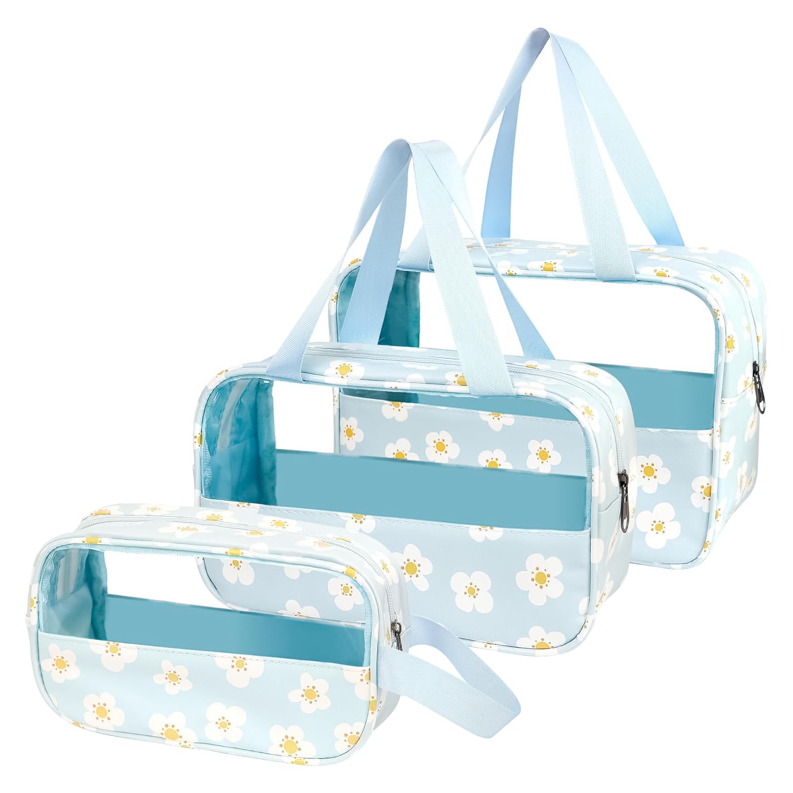 Shengxi Bolsas de Aseo Transparente 3 Piezas, Bolsas Portátil de Maquillaje de PVC, Bolsa de Viaje Transparente Impermeable con Cremallera, Neceser de Viaje de Gran Capacidad para Mujeres (Azul)