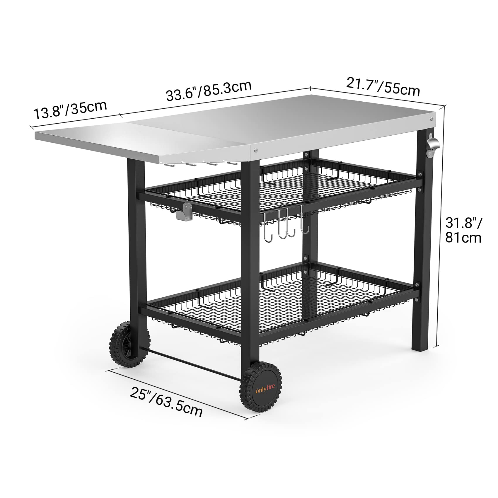 Onlyfire Amélioré Chariot de barbecue, Desserte Cuisine Inoxydable pour Plancha, avec Table d'appoint, Panier de rangement à deux couches et Porte-ustensiles,