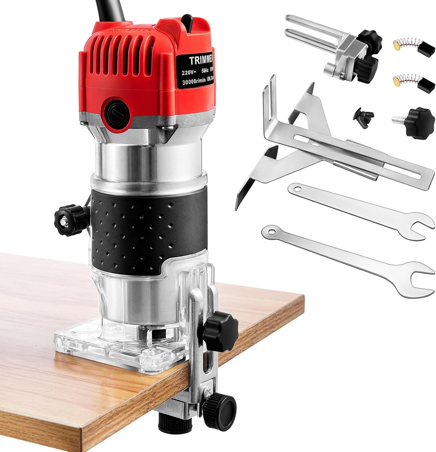 Défonceuse Palm Router 800W, Vitesse Variable 10000-33000 TR/Min, Fraise à Bois Compacte Électrique avec Mandrin 1/4" et Kit de Fraises de 15 Pièces pour Chant, Rainure, Chanfrein, Bricolage,Red