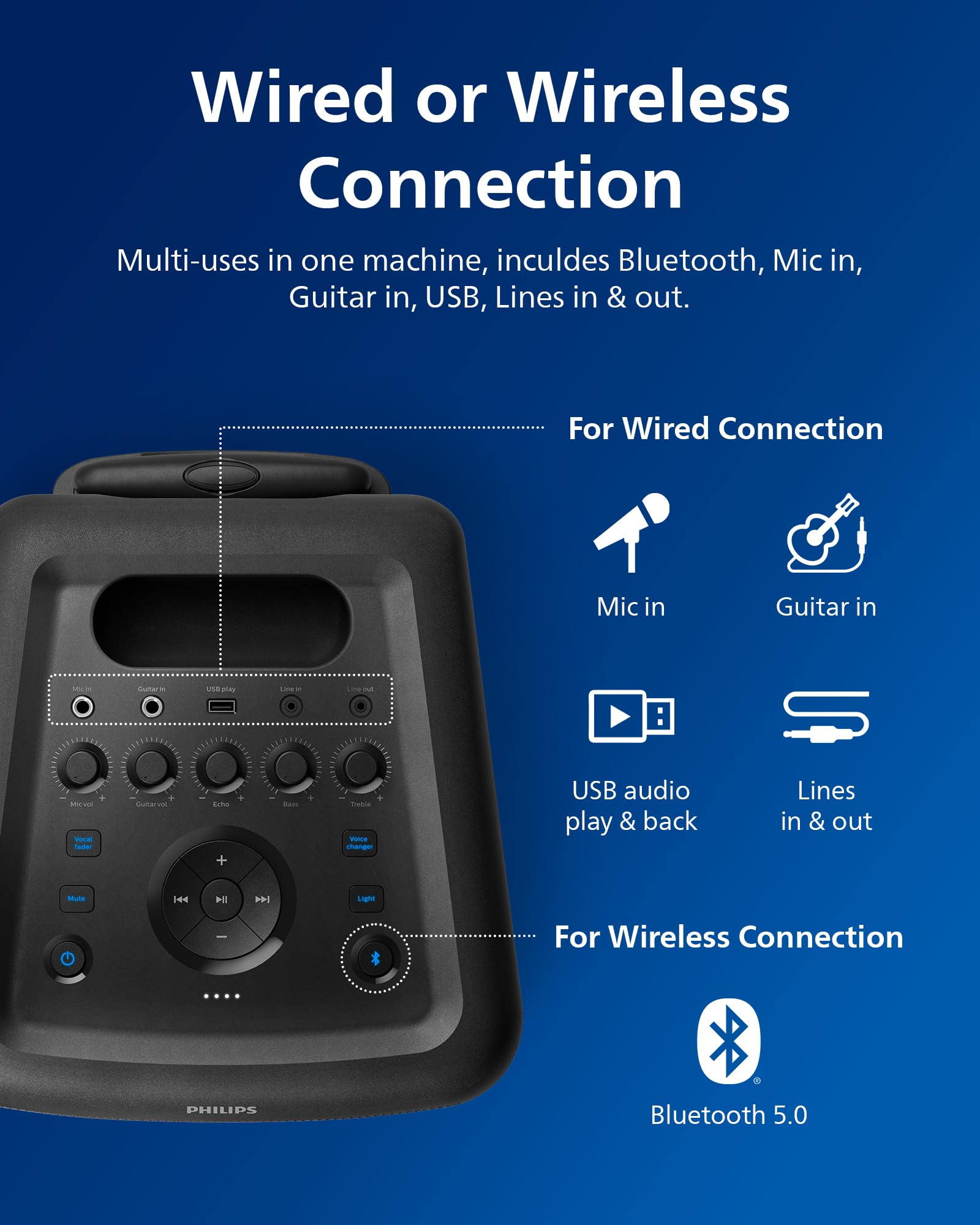 Philips X5206 bluetooth party speaker, portable with wheels, exciting light show, karaoke machine with microphone and Guitar Input, powerful bass & subwoofer, long playtime, perfect for outdoor events