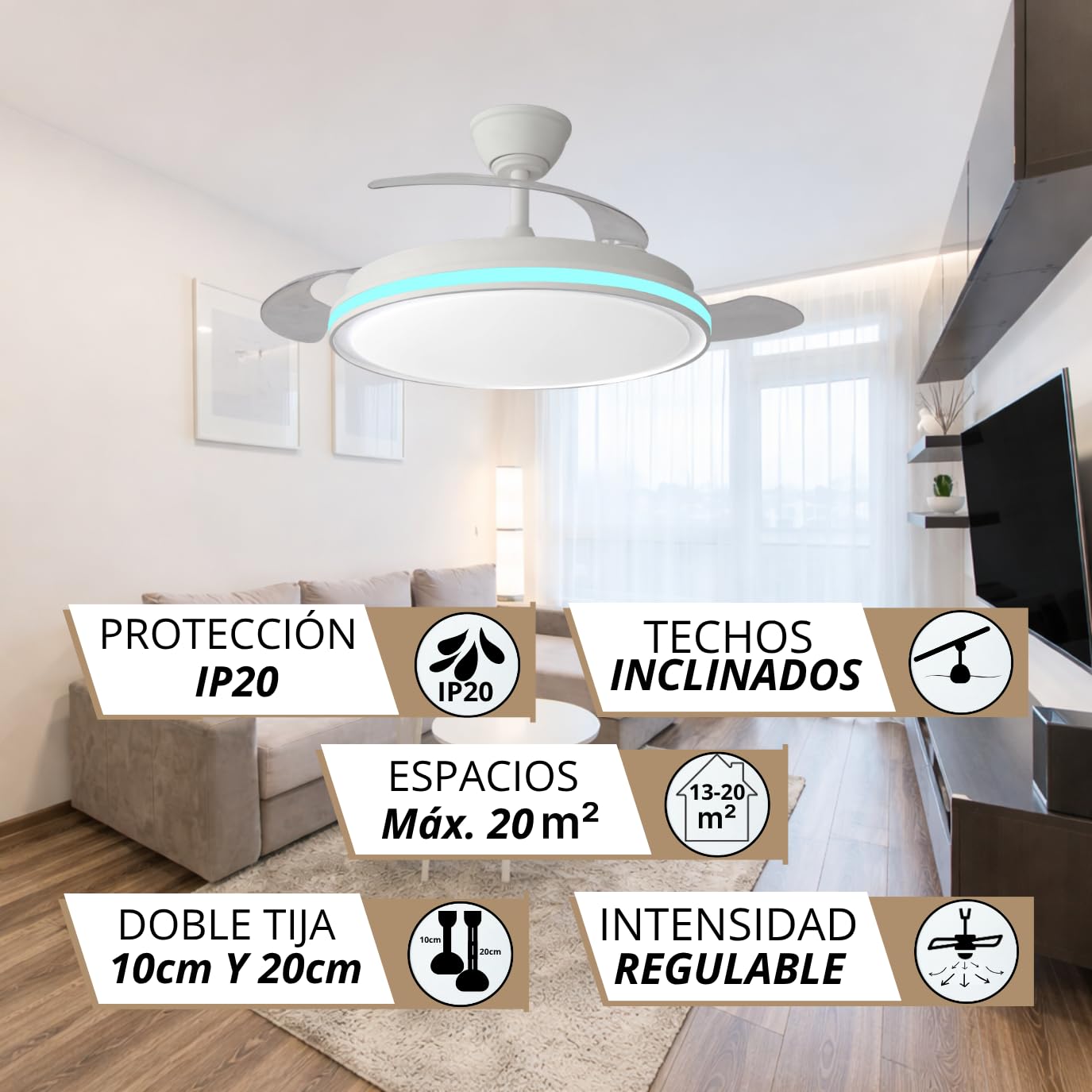 NARVI Ventilador de Techo Blanco con Luz LED Regulable, Motor DC Silencioso de Bajo Consumo, Lámpara Ventilador con Mando a Distancia, 3 Aspas Retráctiles, Función Invierno Verano, SEÚL 8935 WH