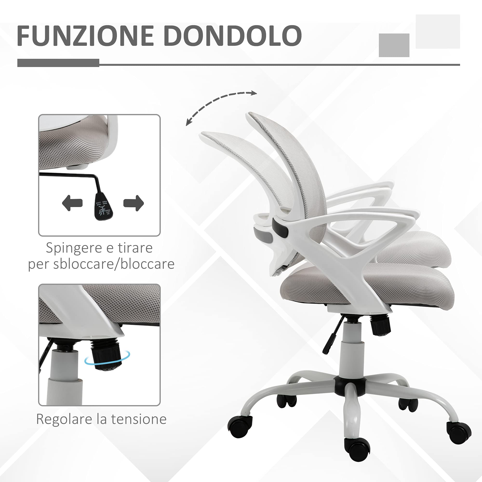 Vinsetto Sedia da Ufficio Basculante Girevole in Tessuto a Rete, Grigio | Sedia da Scrivania Ergonomica, Altezza Regolabile