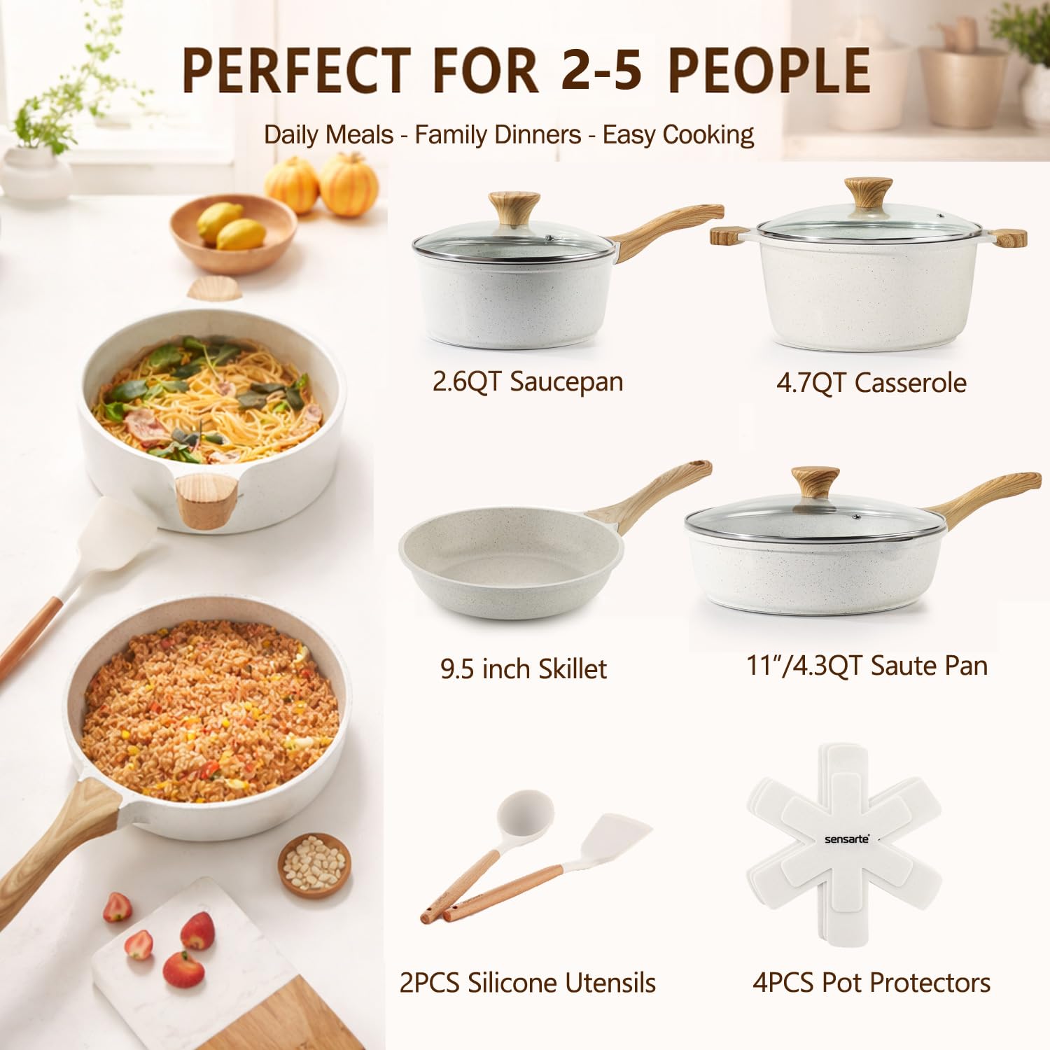 SENSARTE Set di pentole in ceramica antiaderente, set da 13 pezzi di pentole e padelle atossiche, set da cucina salutare con manici che rimangono freschi, strumenti in silicone e protezioni per
