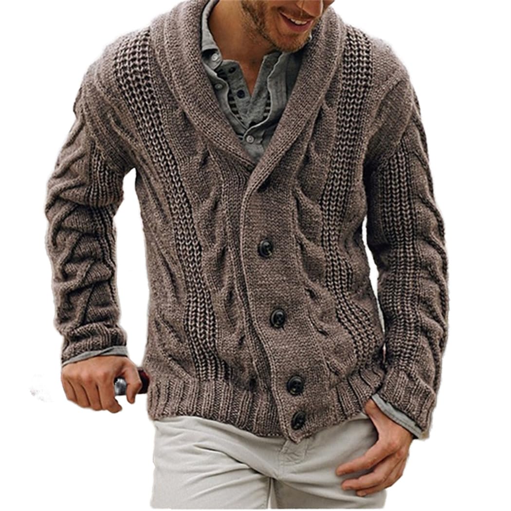 Wekumgy Men Winter Thick Cardigan Sweaters Fashion Shawl Collar Button Up Sweater Cable Knit Casual Open Front Knitwear Brown