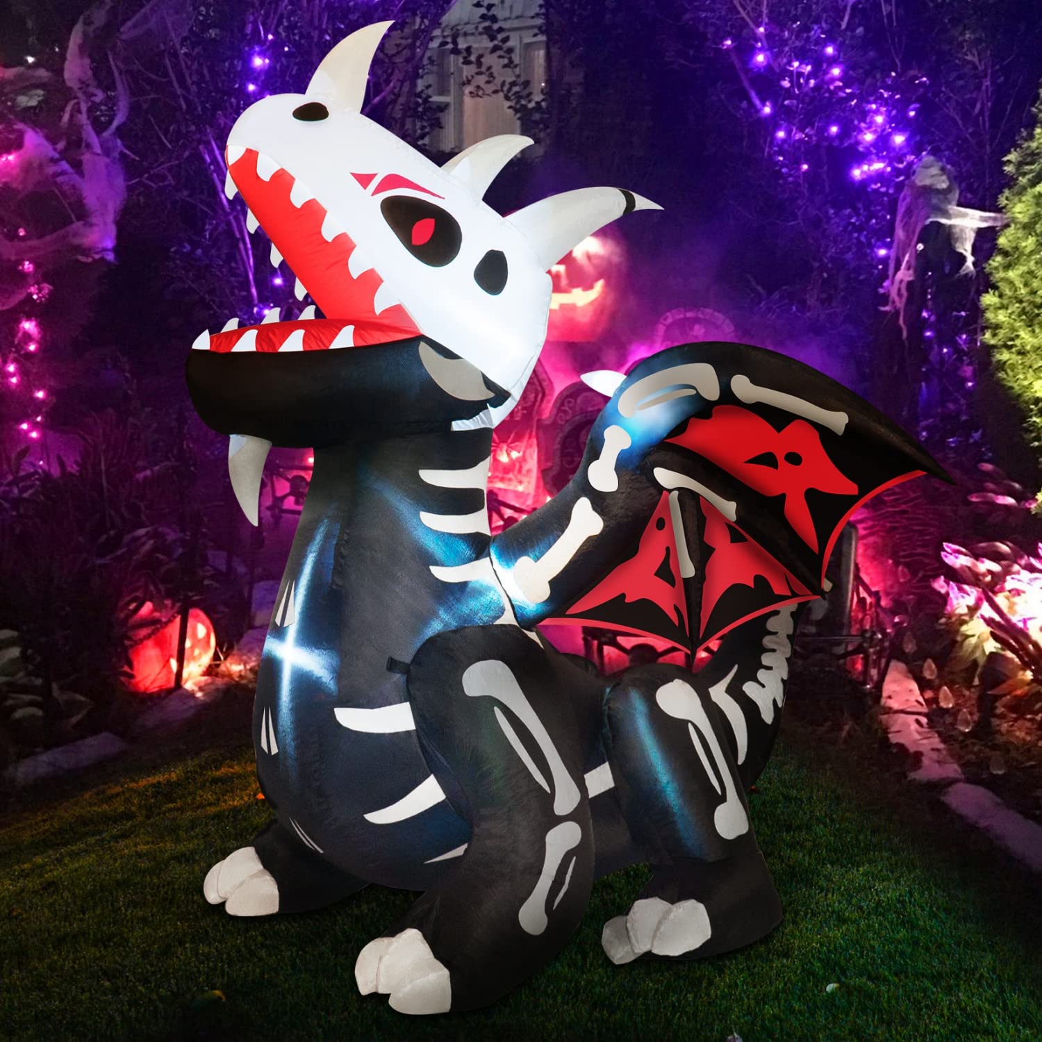 Rocinha Halloween Inflatables Skeleton Dragon 6 ft Halloween Blow Up Yard Decoration with Build-in LEDs for Lawn Decorations and Outdoor Halloween Decorations - Halloween Inflatables Skeleton Dragon