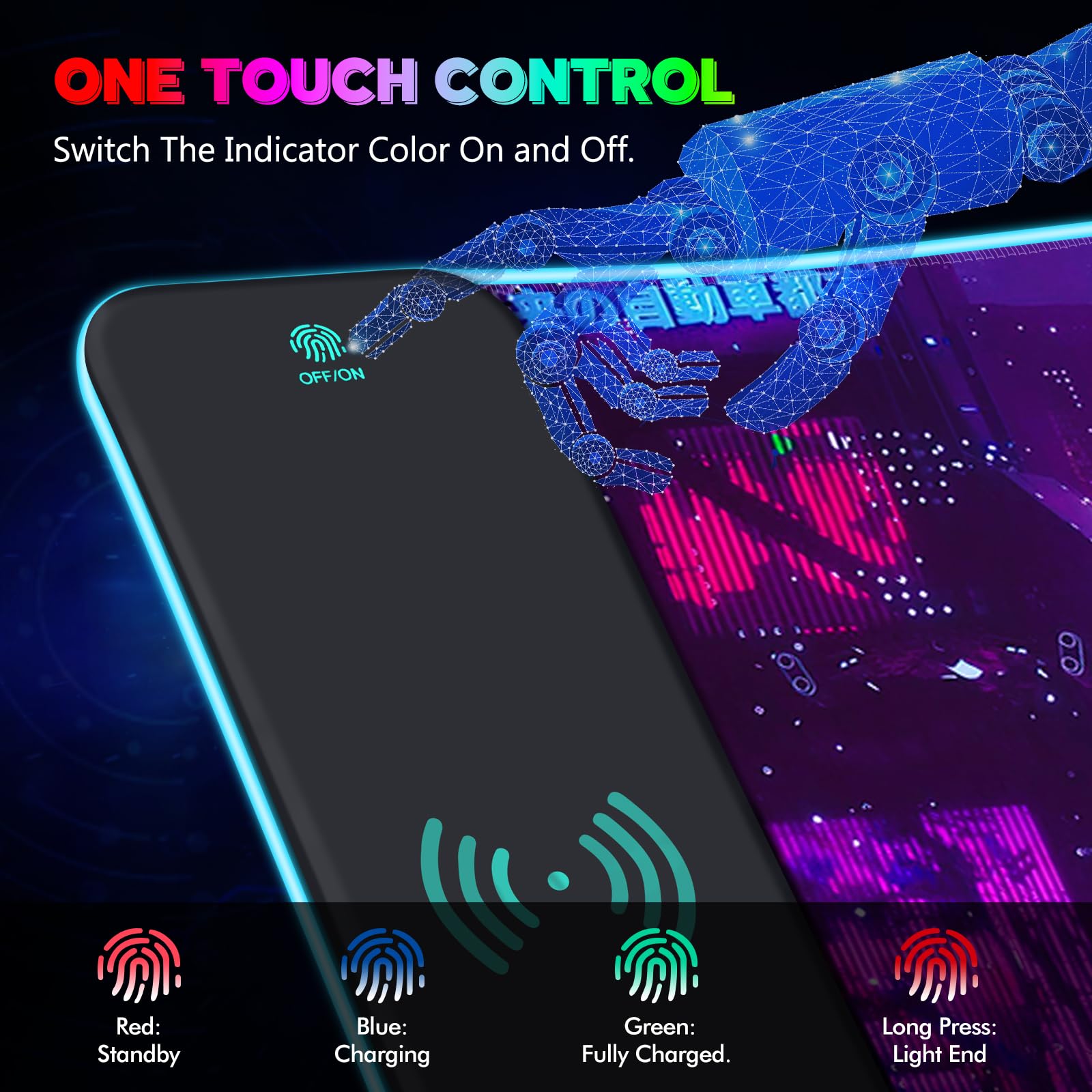 Tappetino per mouse RGB con ricarica wireless da 15 W, viola Anime Neon Extended Large LED Gaming Mouse Pad Base in gomma antiscivolo, 10 modalità di illuminazione, tappetino da scrivania per