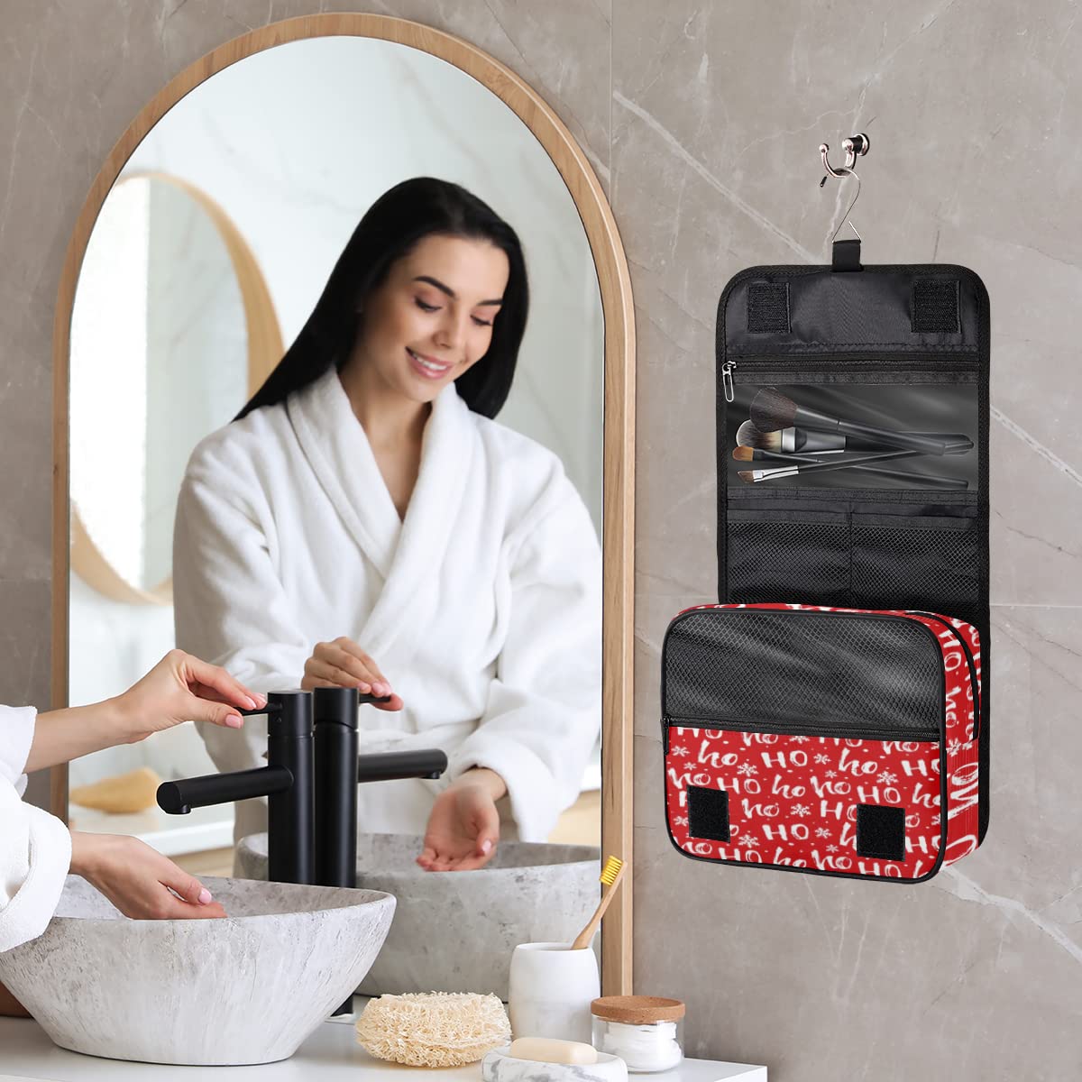 Świąteczna podróżna kosmetyczka Boże Narodzenie Ho List Wash Pouch Bag Unisex Wiszące przybory toaletowe Kosmetyczka Organizer do makijażu, wielobarwny, Jeden rozmiar