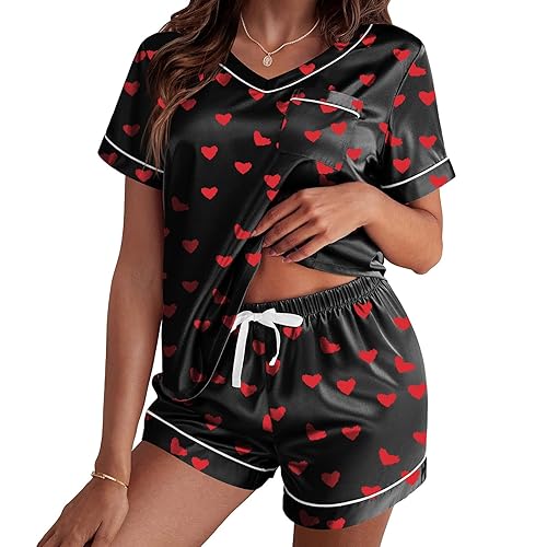 RUEWEY Women Satin Silk Pajamas Lounge Set Heart Print Short Sleeve Tops and Shorts 2 Piece Outfits Sleepwear - Black - Large