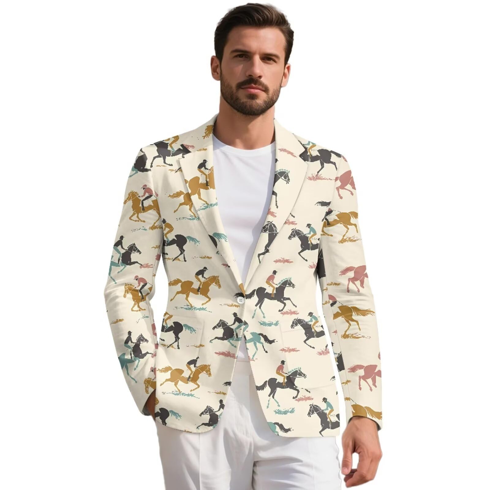 Wismoutput Horse Racing Casual Suit Jacket for Men One Button Notched Lapel Blazers Business Blazer Jacket with 2 Pockets, 2XL