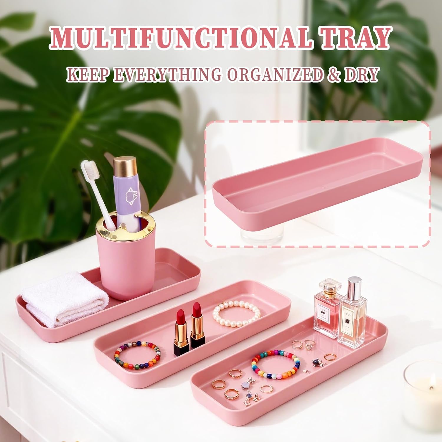 BSSN Pink Bathroom Accessories Set, Luxurious Complete 9-Piece Bath Decor Set with Trash Can, Toilet Brush, Soap Dispenser, Toothbrush Holder, Qtip Jars, Vanity Tray, Soap Dish and Tumbler Cup