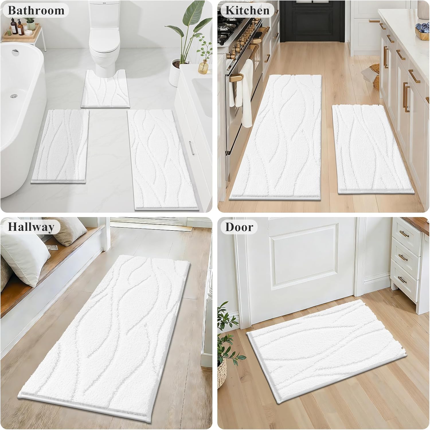 Bsmathom Bathroom Rugs Sets 3 Piece, Soft Non Slip Microfiber Bath Mat and U-Shaped Contour Toilet Rug, Machine Washable Absorbent Shaggy Bathroom Set, White