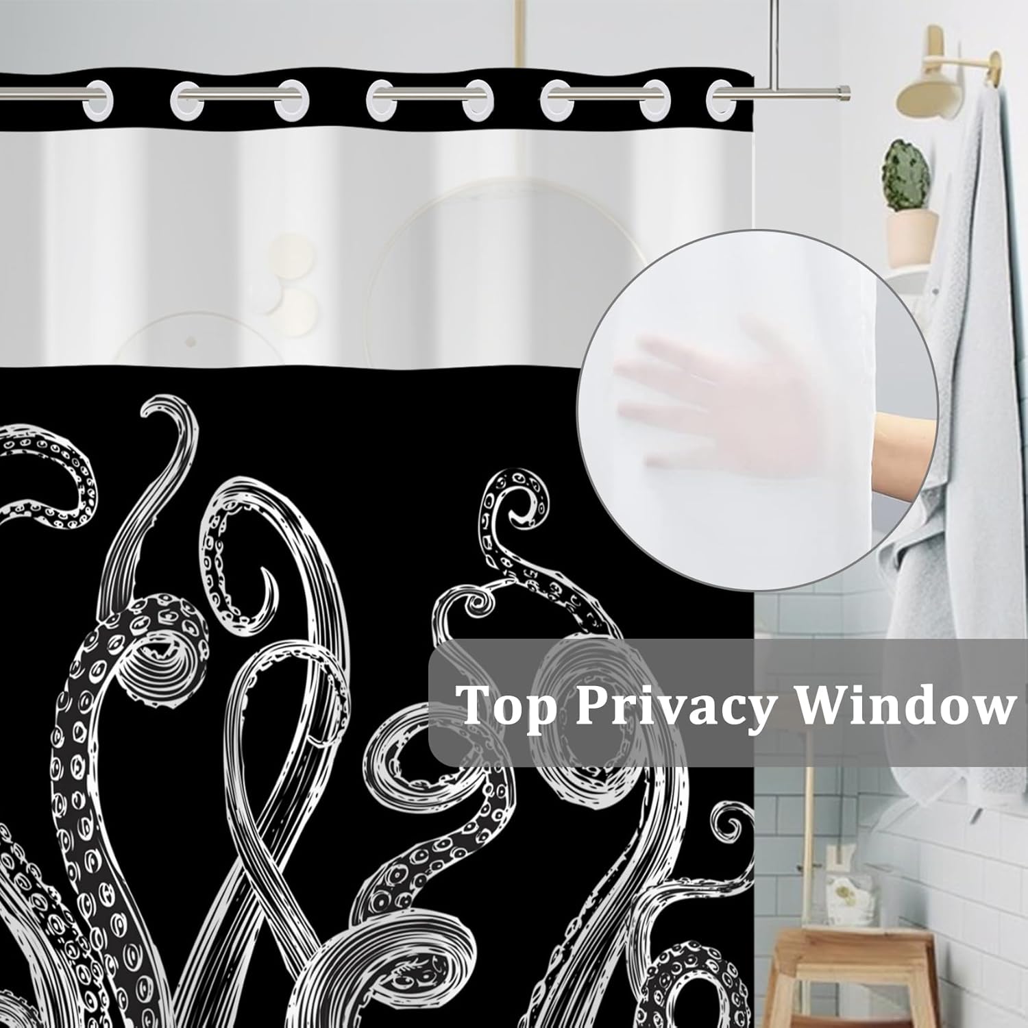 Baocicco Black Octopus No Hook Shower Curtain Nautical Black and White Sea Monster Double Layers Waterproof Fabric with See Through Top Window Coastal Hotel Shower Curtain and Liner Set 71x74 Inch