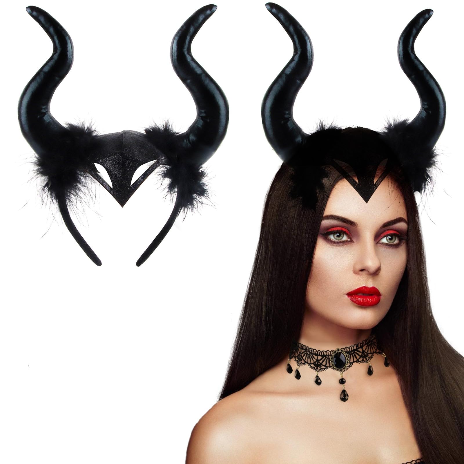Diadema Cuerno de Diablo, 2 PCS Cuernos Malefica, Sombrero Cuerno con Collar Encaje Gótico, Diadema Malefica, Diadema Diablo para Halloween, Cosplay Malefica, Carnaval,Fiestas Temáticas