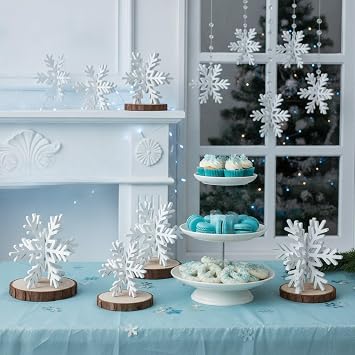 Bucherry 12 Pcs Wooden Snowflakes Table Decor,White