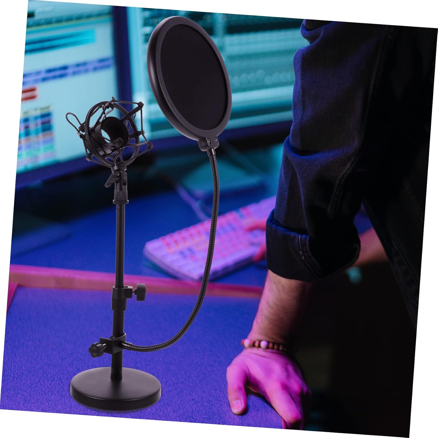 1 Set Adjustable Tabletop Microphone Stand with Mic Holder Filter Durable Stable Desktop Mic Stand for Live Streaming Radio Broadcasting Audio Recording