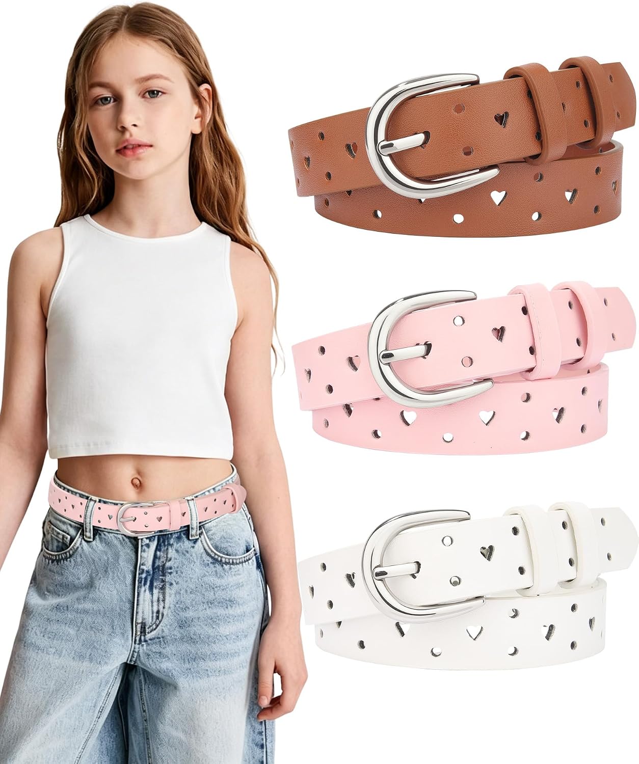 Kajeer Girls Belt for Kids, 3 Pcs Durable PU Leather Belt Metal Buckle Full Heart Hole Youth Toddler Belt for Uniform Casual