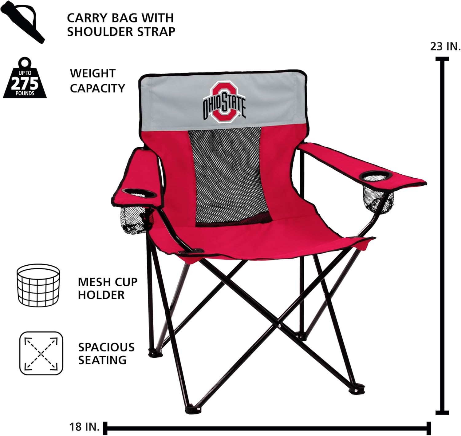 Logo Brands NCAA Ohio State Buckeyes Elite Portable Chair - Premium Outdoor Chair with Cup Holder, Powder-Coated Steel Frame, Lightweight and Portable for Tailgating,and Sporting Events