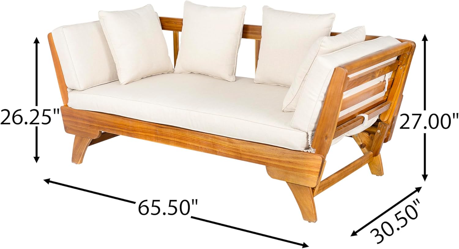 Outdoor Patio Daybed Sofa, 3-Seat Sofa with Foldable Arm & 4 Back Pillows – Teak Acacia Wood Frame, Beige Removable Cushions, Classic Coastal Style, Durable, Ideal for Small Spaces/Living Rooms