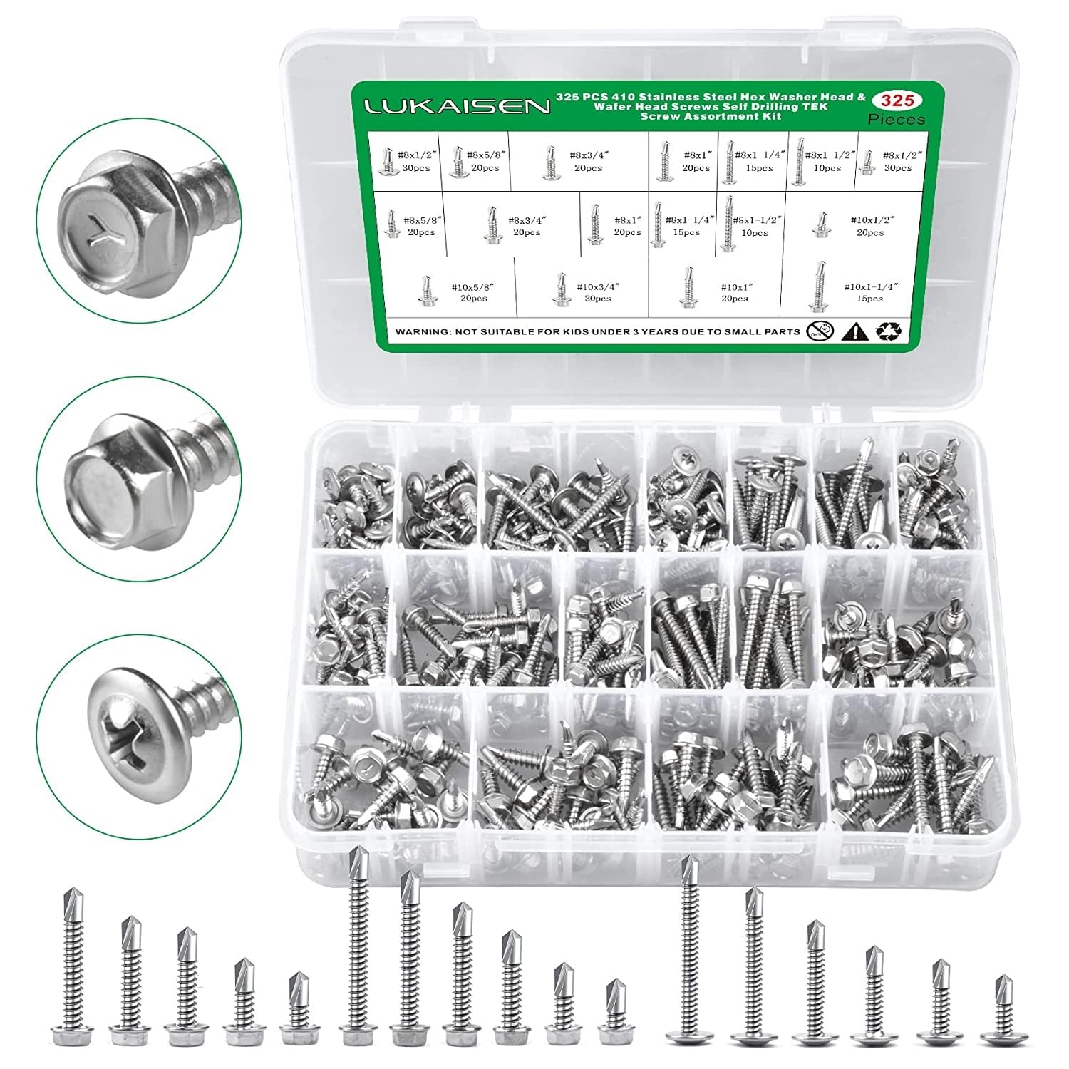 Vis Autoforeuse, 325 PCS 410 Acier Inoxydable Vis Autoforeuse Métal M4.2, M4.8 Tête de Rondelle hexagonale et tête Plate 17 Tailles pour Meubles en Bois en Métal