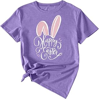 DIYIOUZHOU Women's Easter Tops, Stretchy Pop Pullover Ladys Plus Size Golf Short Sleeve Easte Pullover Polyester Round Neck Print Baggy T Shirt Womens