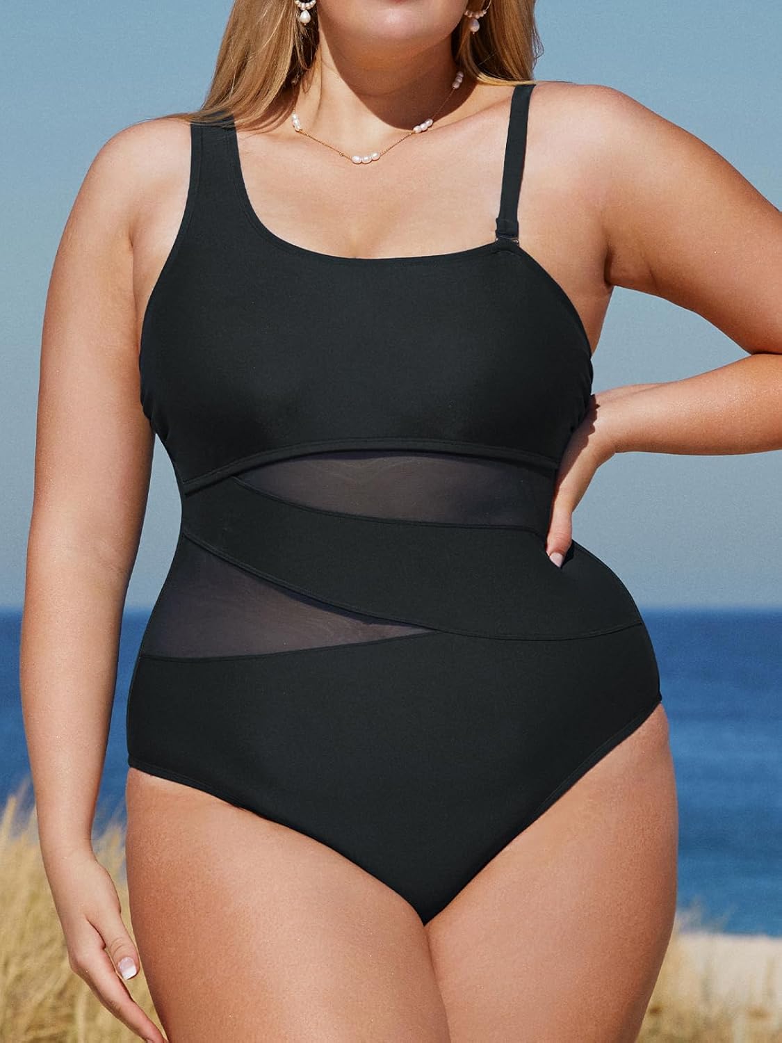 CUPSHE Women's Plus Size Swimsuit One Piece Bathing Suit Mesh Removable Straps Swimwear