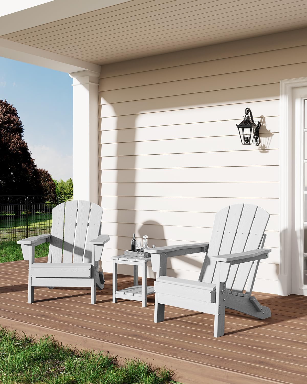 Modern HDPE Plastic Adirondack Chair Set of 2 with Side Table - Oversize 380 LB Poly Lumber Weather Resistant Firepit Chair - Outdoor Patio Chairs with Wooden Textured for Deck, Pool, Porch - White