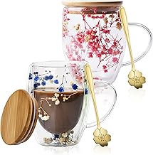 Lot de 2 tasses à café à double paroi avec fleur séchée, verres à double paroi de 350 ml avec anse, tasses en verre à double couche, tasses à café fleurs séchées, verres à macchiato avec fleurs