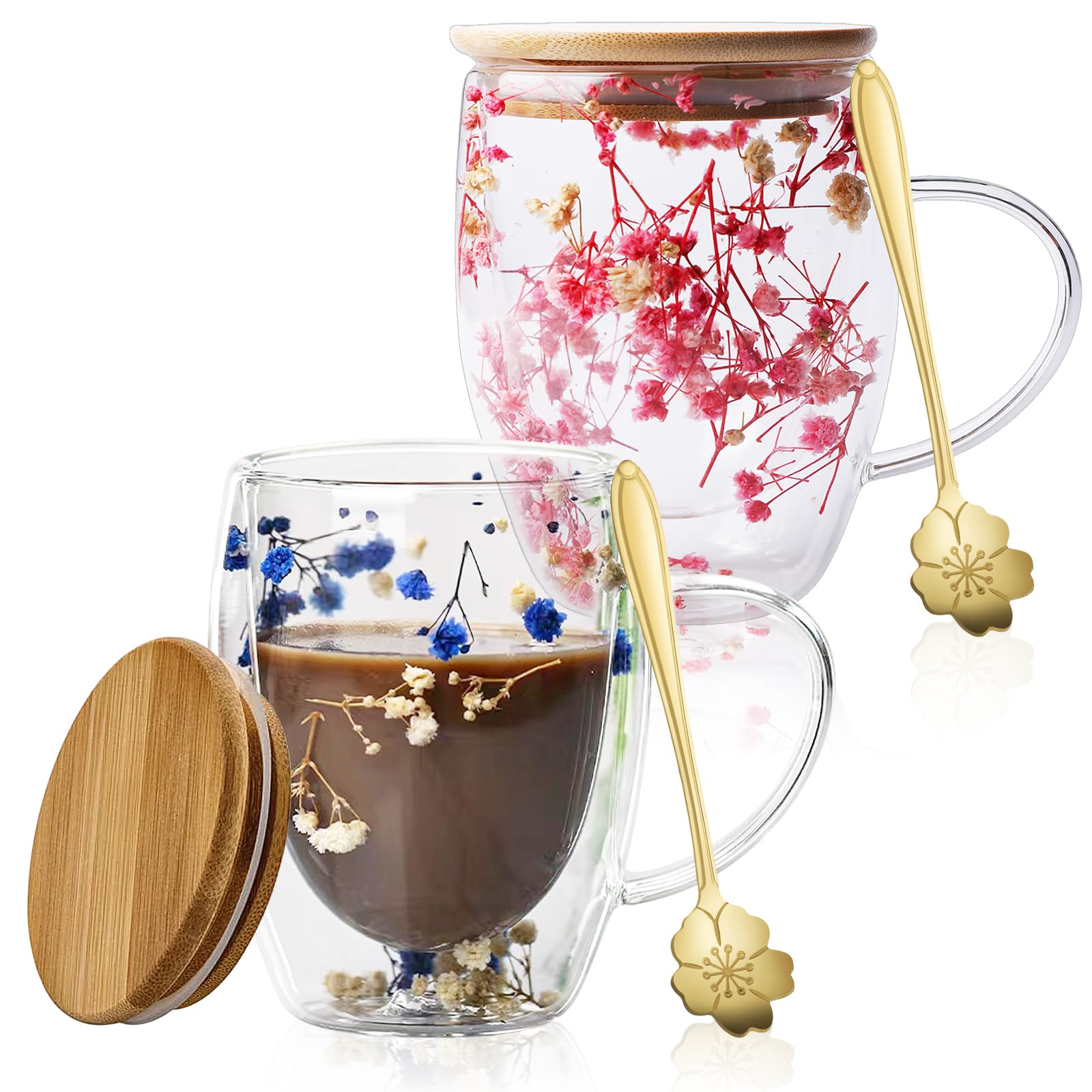 Tasses à café fleurs séchées 350ml | Lot de 2 verres double paroi avec anse