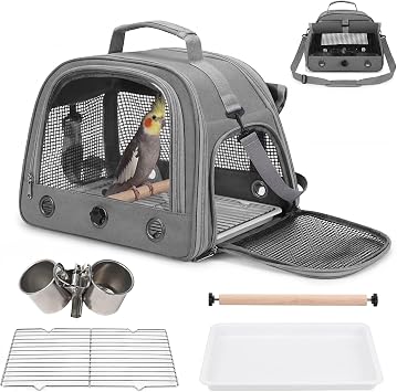 Bird Carrier, Lightweight Breathable Bird Backpack, Portable Wild Bird Carrier with Standing Perch for Parrot Travel Vet Visit Grey