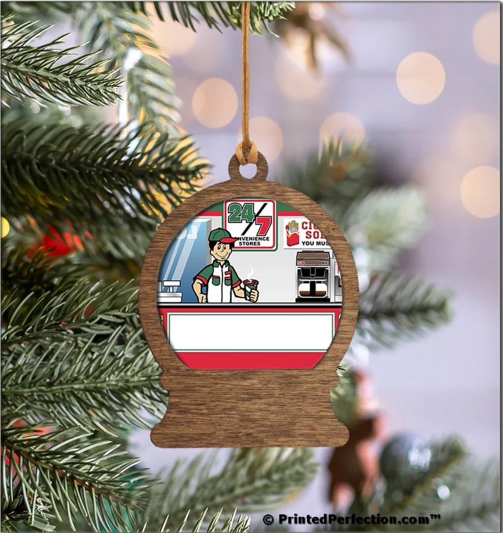 PrintedPerfection.com Personalized Convenience Store Male Wooden Snow Globe Shaped Christmas Ornament