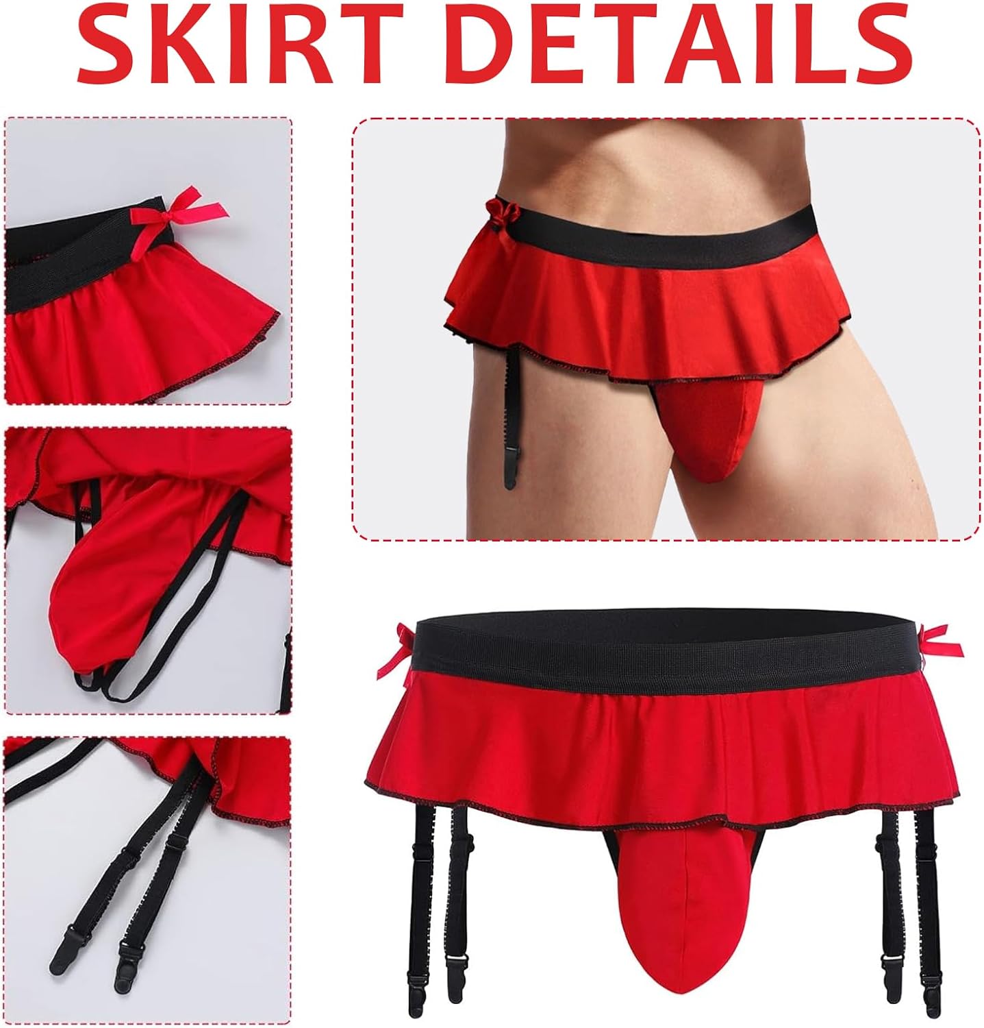 Degpum Sissy Pouch Panties for Men Crossdresser Lingerie Mini Skirt for Men Crossdressing Outfits Garters G-String Stockings Nightwear Pink - Image 7