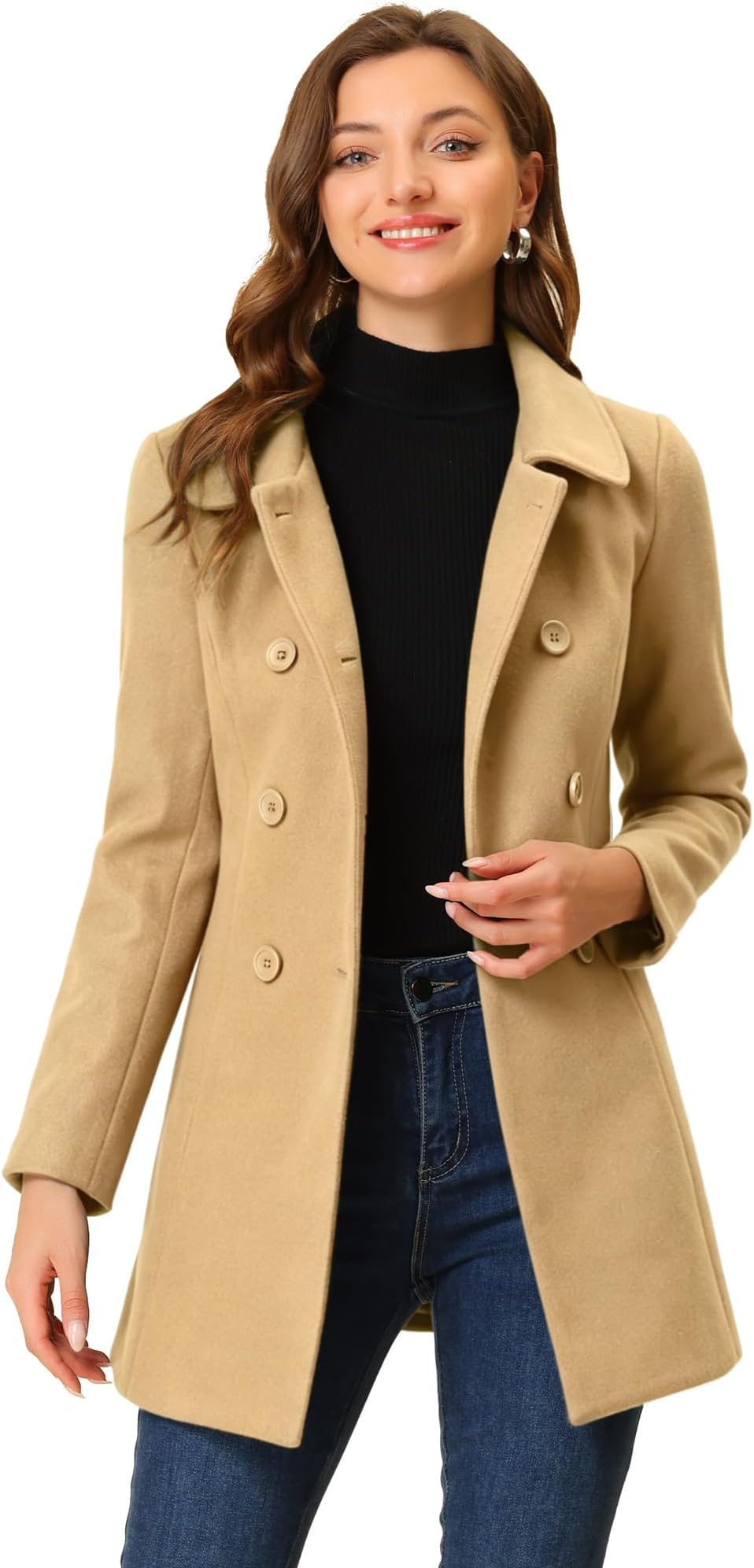 Allegra K Women's Peter Pan Collar Double Breasted Winter Trench Pea Coat