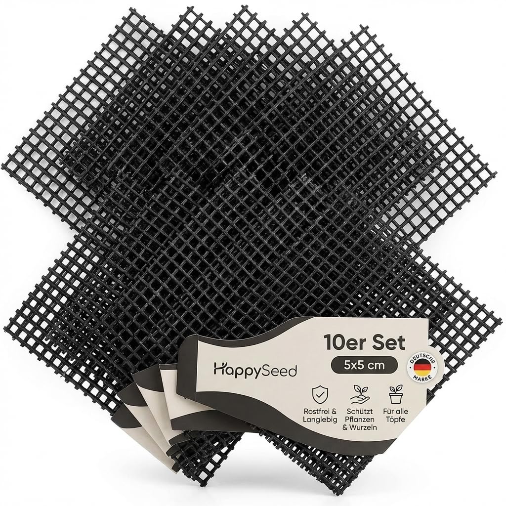 HappySeed 10er Set Bonsai Abdecknetz aus Kunststoff, Schwarz - Drainage Gitter quadratisch für Bonsai Schale, Blumentopf oder Pflanzkübel - 5 x 5 cm