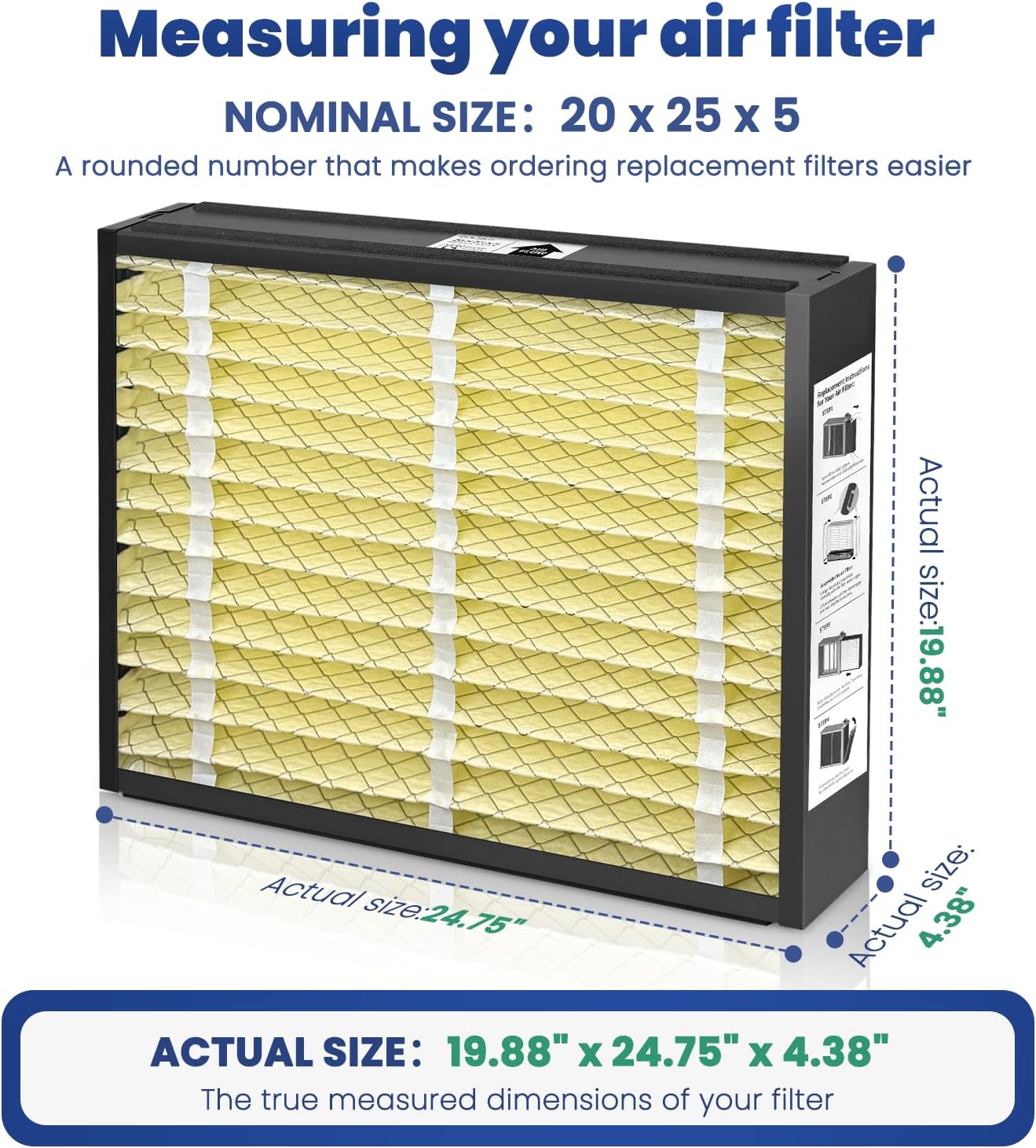 2-Pack 20x25x5 Air Filter MERV 13 Superior Pet & Allergy Defense, Pleated HVAC AC Furnace Filters Compatible with Lennox X6673, Honeywell FC100A1037 and More (Actual Size: 19.88 x 24.75 x 4.38inch)
